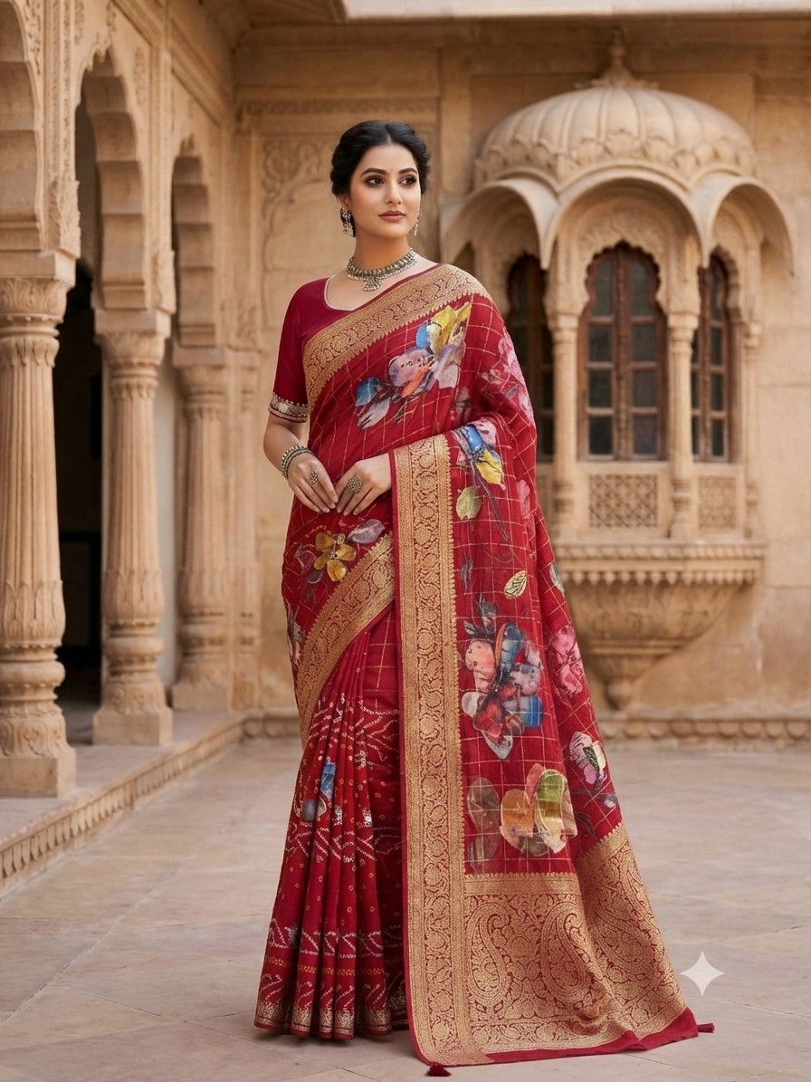 Butterfly Maroon Diamond Chiffon Saree