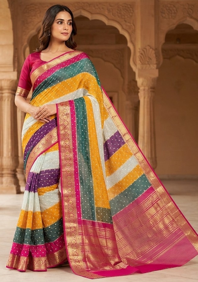 Rainbow Stripe Diamond Chiffon Saree