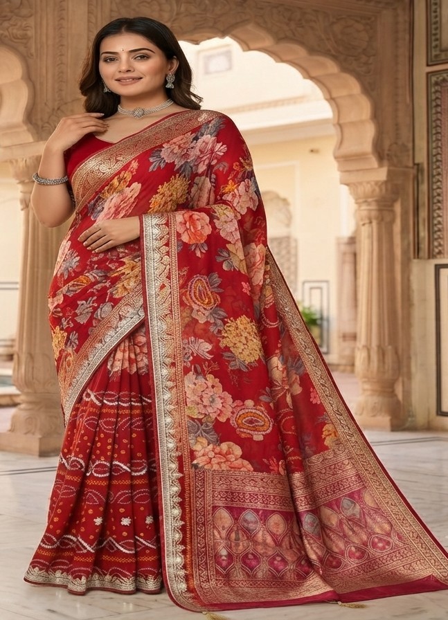 Scarlet Floral Diamond Chiffon Saree